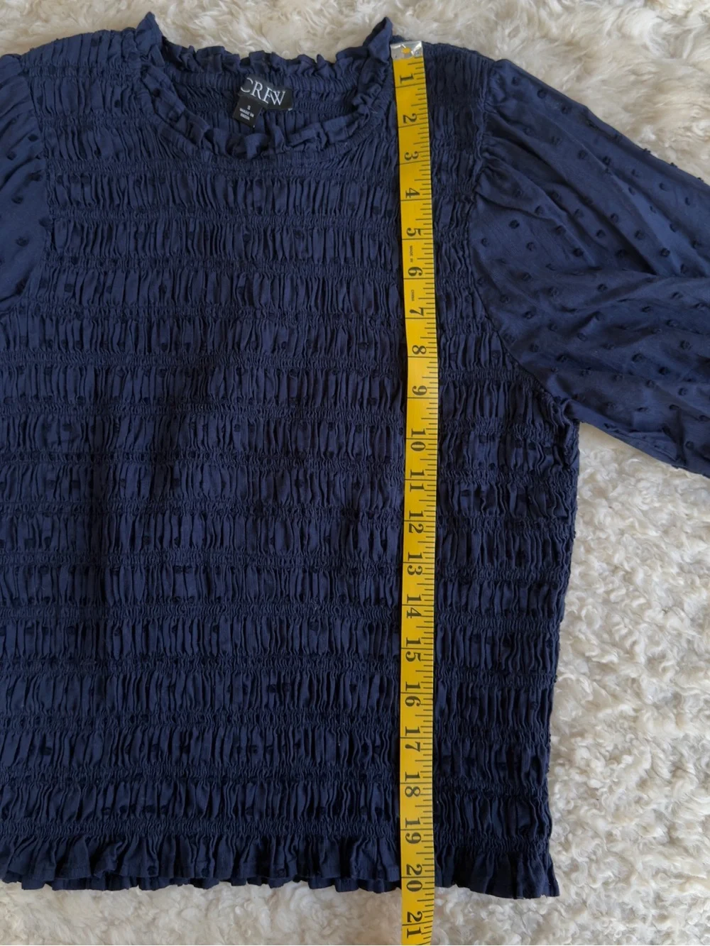 J. Crew Navy Textured Smocked Puff-Sleeve Blouse - S